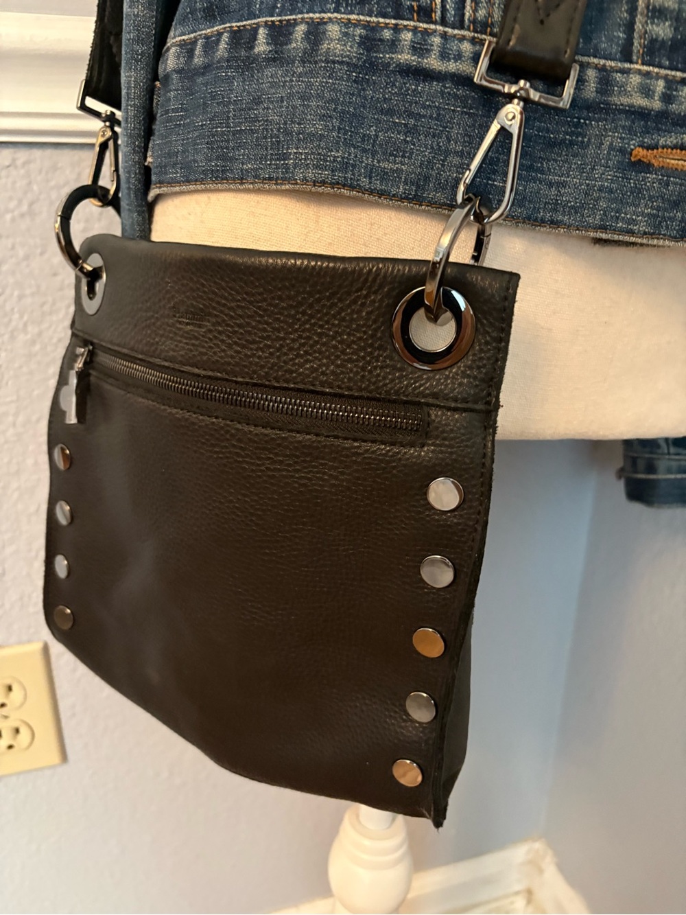 Hammitt Black Leather Crossbody with Silver Stud Detailing